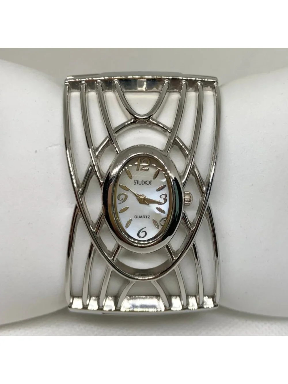 Studio women’s silver tone watch cuff bracelet mop dial quartz 18mm 7.5” running